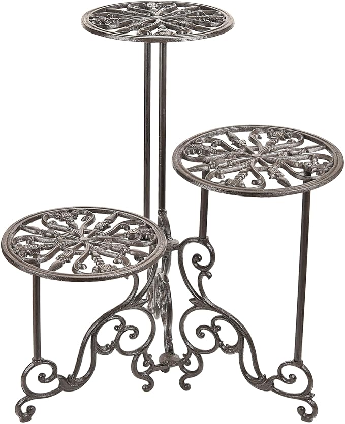 Sungmor Heavy Duty Cast Iron Plant stand, 3 Tier Foldable Metal Plant Shelf, 24in Tall Vintage Flower Pot Holder Indoor Outdoor Tiered Plant Stand, Rustic Plant Display Rack for Corner Balcony Patio