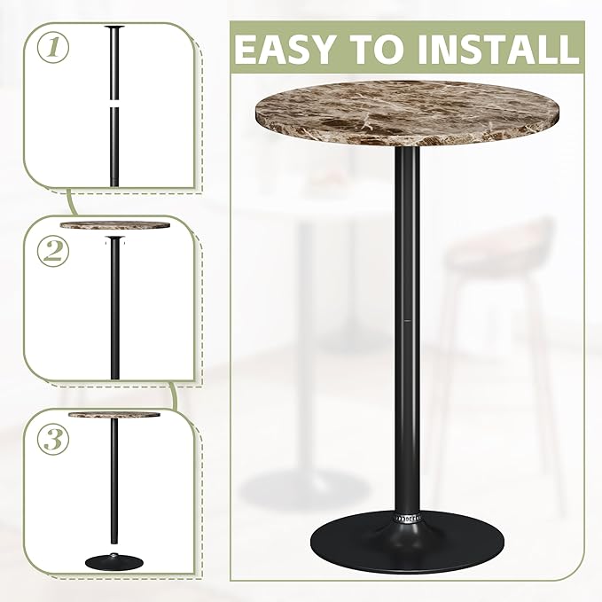 Flamaker Round Bistro Pub Table Modern Style Metal Base MDF Top Cocktail Bar Table Counter Bar Height for Pub, Dining Room, Party (1, Marble-Black)