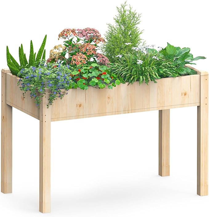 DUMOS Raised Garden Bed with Legs, 48x24x30in Wood Elevated Planter Box w/Bed Liner for Herbs Flowers Vegetables, 300lbs Capacity Outdoor Gardening Planters for Patio Balcony Backyard, Natural Wood
