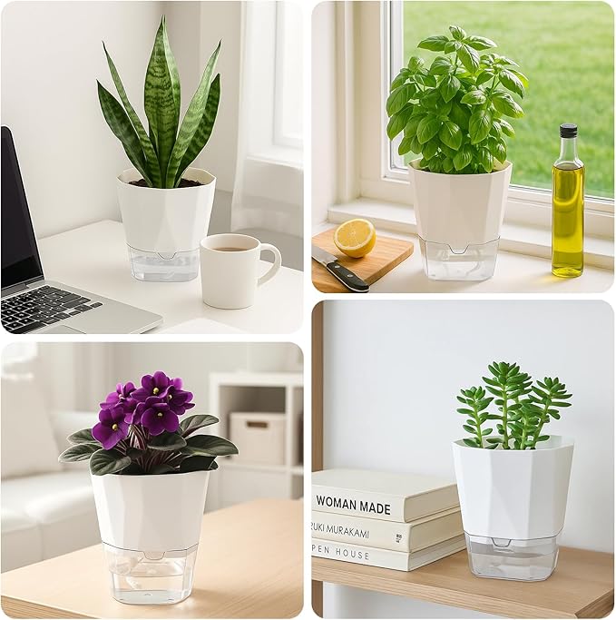 5 Pack Self Watering Pots for Indoor Plants, 5/6.7/8.4 Inches Self Watering Planters African Violet Self Watering Clear Pots for Plants Herb Orchid Flower Houseplant Pots, White