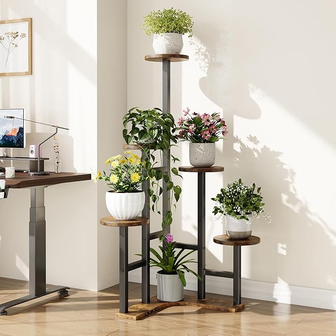 Corner Plant Stand Indoor, 6 Tiered Corner Plant Shelf Flower Stand for Multiple Plants, Plant Shelves Organizer Rack for Living Room, Balcony, Patio, Garden, Round Rustic Brown