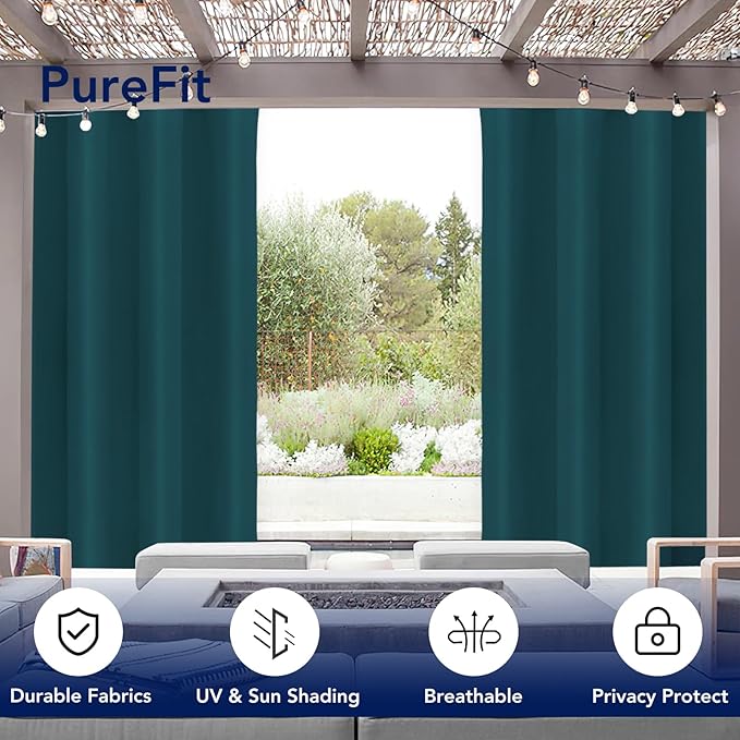 PureFit Outdoor Curtains for Patio Waterproof Weatherproof, UV and Fade Resistant Outside Curtains for Gazebo, Front Porch, Pergola, Sun Blocking Privacy Curtain, 52W x 84L inch, 1 Panel, Teal