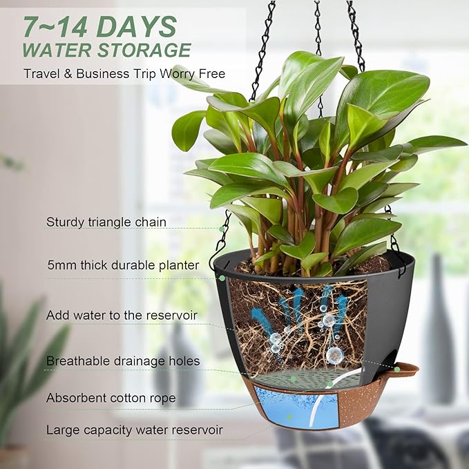 Hanging Planters for Indoor Outdoor Plants, 2 Pack Self Watering Hanging Pot with Drainage Holes & Removable Tray (Black, 8'')