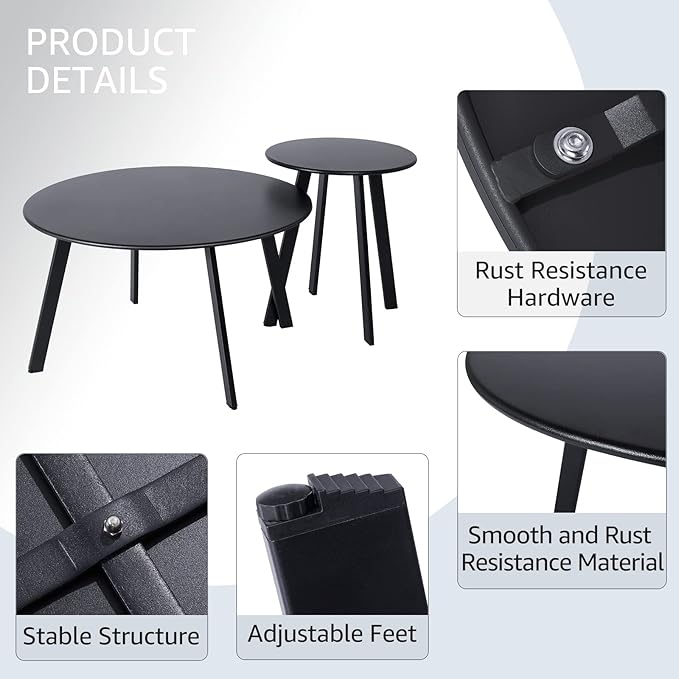Outdoor Patio Coffee Table Set of 2, Weather Resistant End Table, Round Nesting Tables for Living Room Balcony Office,Black