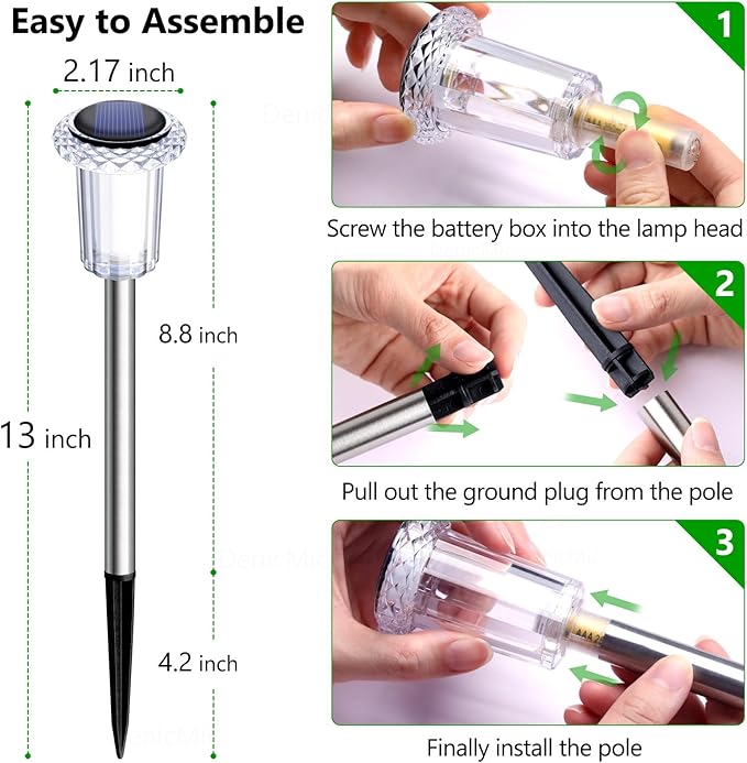 DenicMic Solar Lights Outdoor 10 Pack Waterproof 3000K Warm White LED Stainless Steel Stake Outside Lights for Yard Pathway Garden Driveway Walkway Landscape Path Lighting