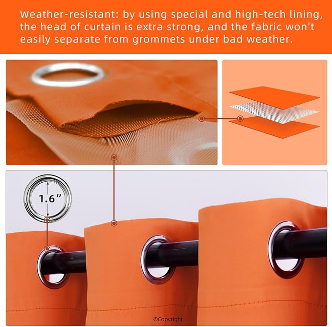 Water Proof Outside Curtains with Grommet Top for Porch, W52 x L120 Thermal Insulated Washable Outdoor Divider Drapes for Patio Gazebo Deck Pool Area Pergola Cabana (Orange, 2 Panels)