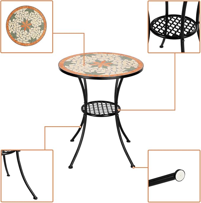 VINGLI Garden Patio Mosaic Table, Outdoor Bistro, Black Iron Frame, 23.6" Round End Table, Accent Table (Does not Include Chairs)