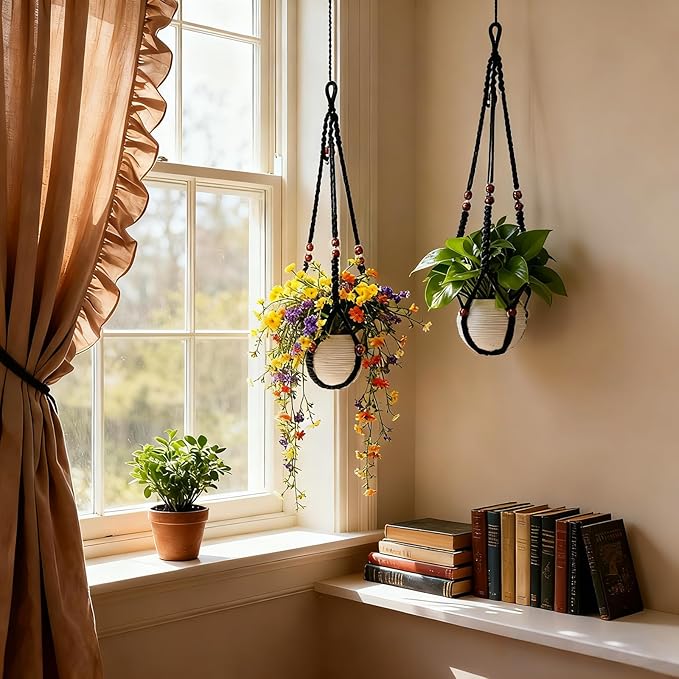 35 Inch Macrame Plant Hanger, Large for up to 15 Inch Pot Extra Long Hanging Planter Holder Basket with Wood Beads for Indoor Outdoor Home Decor (Black, 2-Pack)