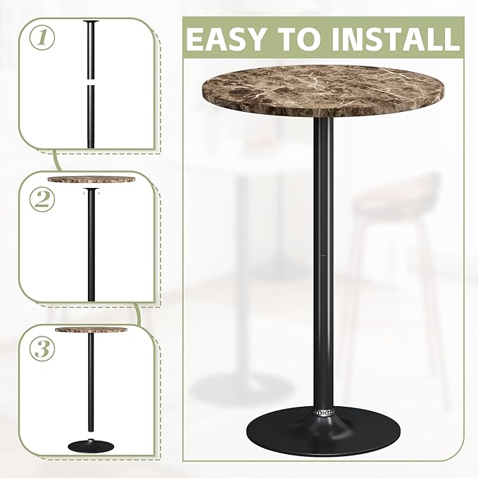 Flamaker Round Bistro Pub Table Modern Style Metal Base MDF Top Cocktail Bar Table Counter Bar Height for Pub, Dining Room, Party (2, Marble-Black)