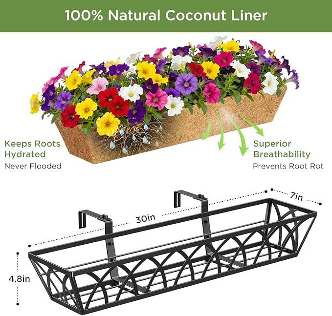 Y&M 30 Inch Window Deck with Coco Liner, Fence Metal Hanging Flower Planter Window Basket Deck Railing Planter Boxes for Outdoor Garden Lawn,6pcs