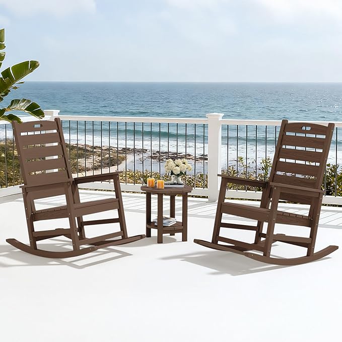 SERWALL Outdoor Rocking Chair Set of 2, Oversized Rocking Chair with Footboard for Adults, HDPE All Weather Resistant Rocking Chairs for Patio, 350lbs Weight Capacity, Brown
