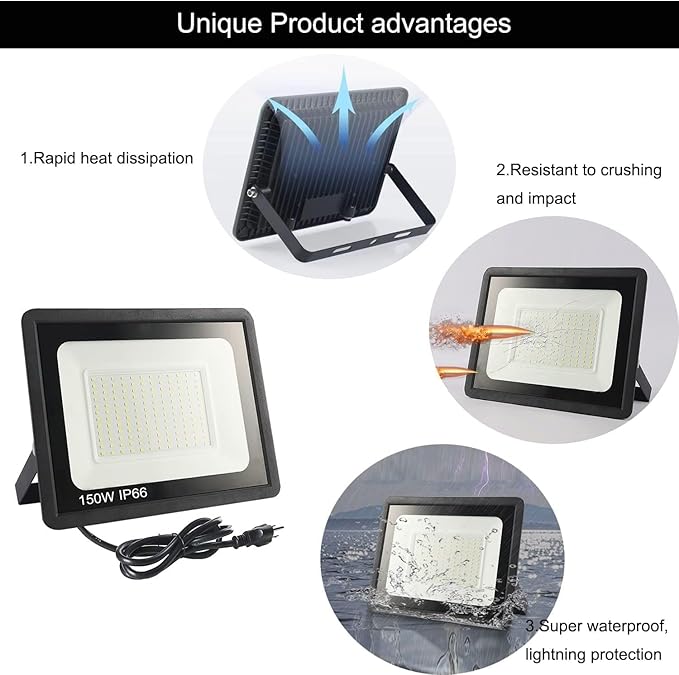 2Pack LED Flood Light Outdoor,150W LED Work Light 15500lm with 6FT US Plug,IP66 Waterproof Exterior Security Lights,6000K Daylight White Outside Floodlights Slim Design for Playground Yard