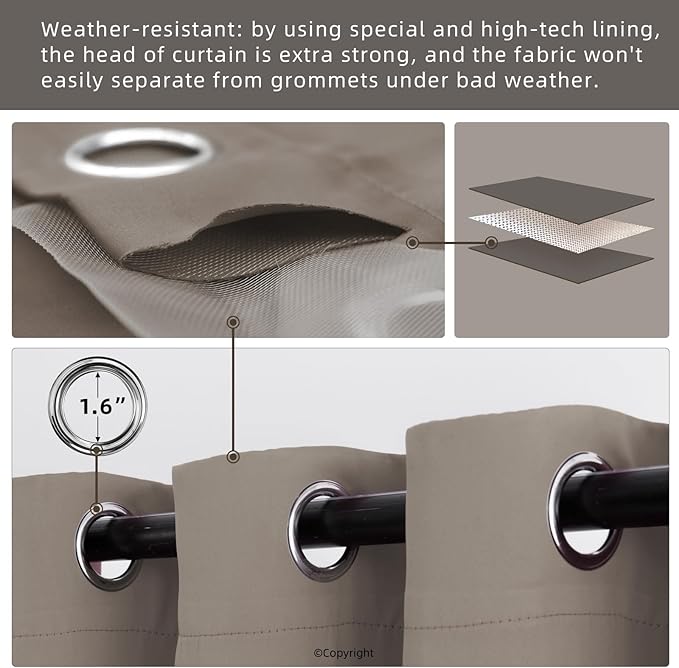 DIVA EN CAMINO DEC Outdoor Patio Curtain Waterproof Darkening Thermal Insulated Indoor Curtains for Bedroom, Porch, Living Room, Pergola, Cabana, W84 x L108, Taupe, Set of 2 Panels