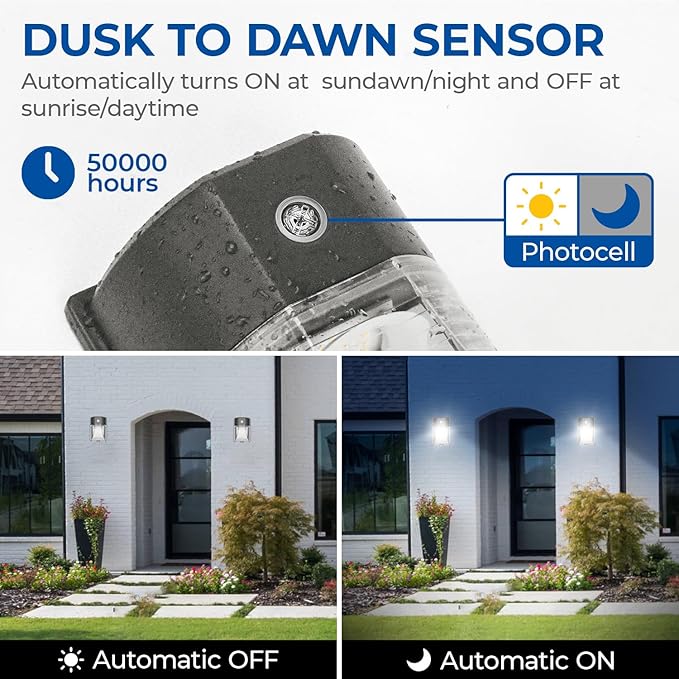 CINOTON 26W LED Wall Pack Light with Dusk to Dawn Sensor, 3000LM [100-277Vac] LED Wall Lights IP65 Waterproof Outdoor Security Flood Lighting for Garage Warehouse Garden 5000K-Daylight 2 Pack