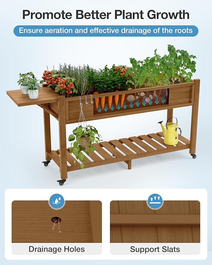 YEFU Raised Garden Bed with Legs: 57x18x30in Elevated Poly Planter with Wheels,Waterproof Mobile Raised Bed Garden, Elevated Planter Box Stand with Storage Shelf,for Herb,Carrot,Tomato (Teak,4pcs)