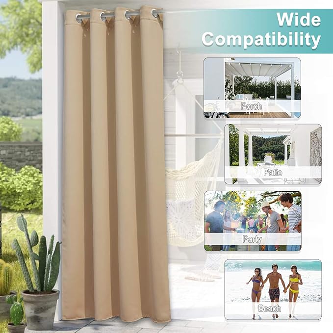 NICETOWN Indoor & Outdoor Curtain Waterproof Panel for Sliding Door, Public Divider Extra Wide Thermal Insulated Room Darkening Drape for Outdoor Living/Pool, Biscotti Beige, 1 Pack, W100 x L84