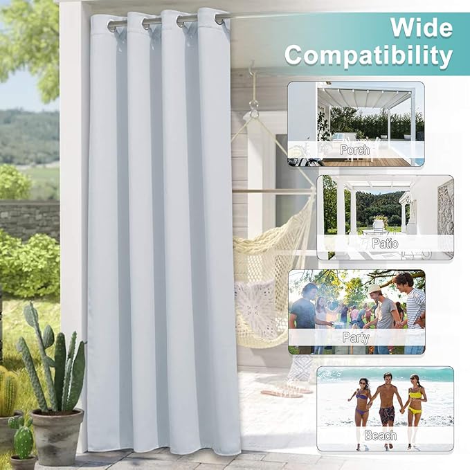 NICETOWN 2 Panels Outdoor Patio Curtains Waterproof 108 inches Long, Outdoor Blinds with Rustproof Grommet Sound Reducing Heavy Weight Sun & Heat Blocking for Pergola, W84 x L108, Greyish White