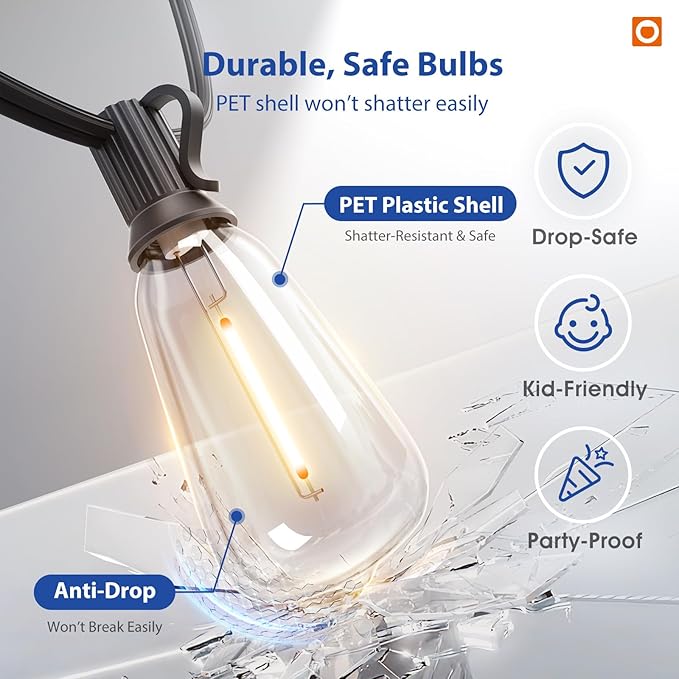 addlon 50FT LED Outdoor String Lights with Remote Waterproof Patio Lights with 16 Shatterproof ST38 Replaceable Bulbs(1 Spare), Dimmable Outside Hanging Light Connectable for Porch, Backyard