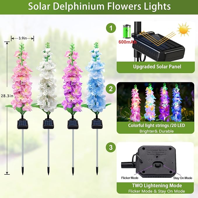 Solar Garden Lights, Solar Delphinium Flowers Lights 8 Pack 160 LEDs, Waterproof Outdoor Light Two Lighting Modes for Wedding Party Garden Yard Patio Lawn Decor and Gift for Mother