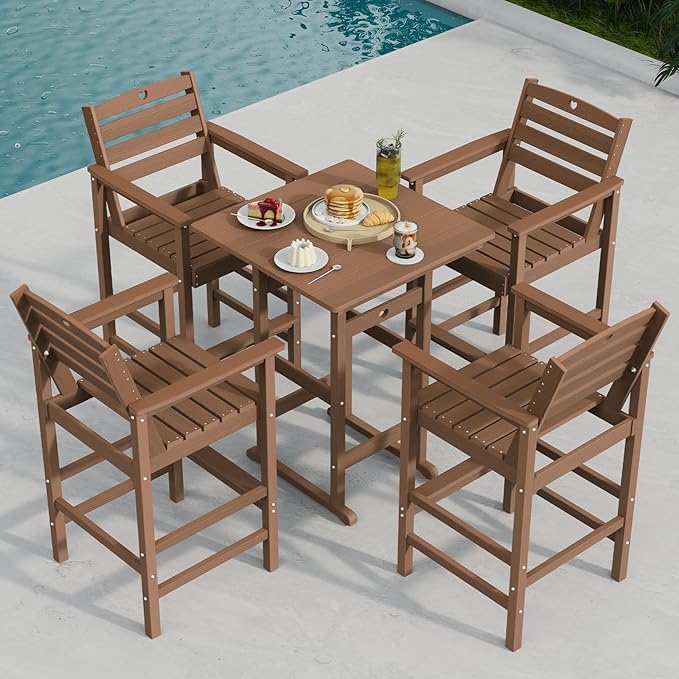 Patio Bar Table,Adirondack Chairs and Table 5 Pieces Set, Bar Height Chairs Set of 4 and Bar Table, Outdoor Bar Stools Set,Weather-Resistant Outdoor Furniture for Deck, Balcony, Poolside Easy Assembly