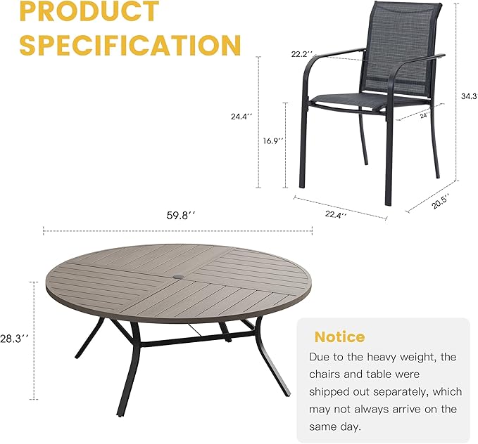 VICLLAX Patio Table and Chair Set of 10, All Weather Metal Round Outdoor Dining Furniture Set-59.9" Round Outdoor Table and Chairs, Grey Wood Grain Tabletop