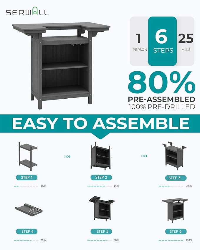 SERWALL Outdoor Bar Table,Patio Bar Cabinet with 4-Tier Storage and Spacious Tabletop for Outside,Poolside, Backyard,Made of HDPE,Gray