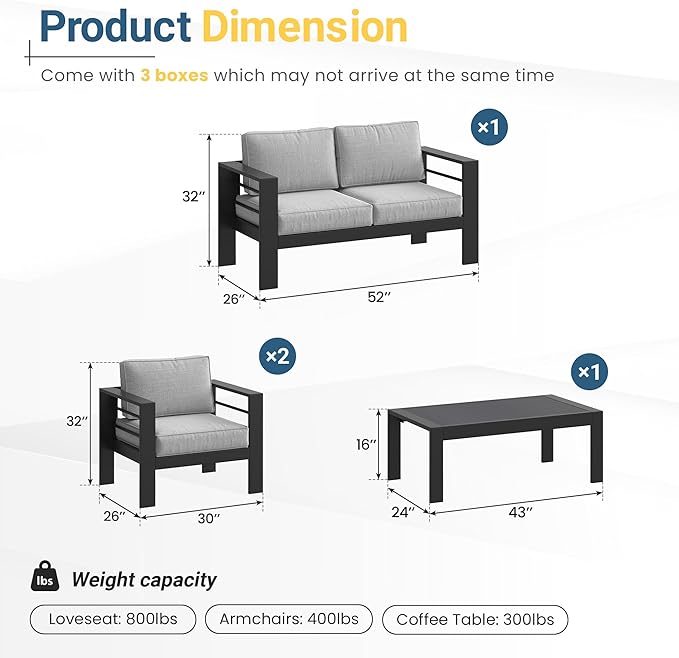 Solaste Aluminum Patio Furniture Set for All Weather, Oversized Metal Outdoor Furniture Set with 27.5" Deep Seating and 3.2" WIde Armrest, Outdoor Patio Conversation Sets with 10’’ Back Suport Cushion