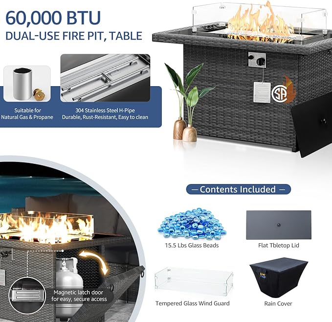 NICESOUL High-End Outdoor Patio Furniture Set with Natural Gas/Propane Firepits, 7 Piece Large Wicker Sectional Couches with Fire Table, 29.3'' High Back Deep Seating Comfy Conversation Sofas, Gray