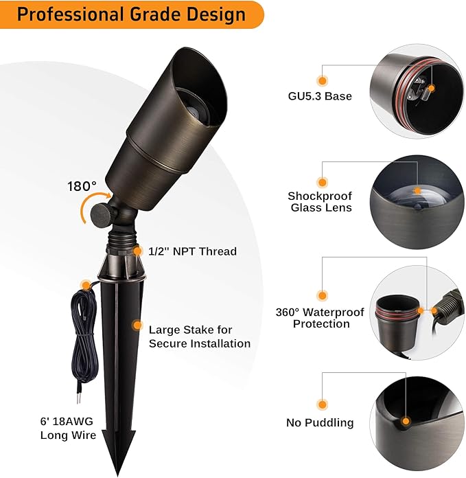 Gardenreet LED Spot Light Outdoor - Die-Cast Brass 12V Uplighting Waterproof, Low Voltage Landscape Lights Metal, Bronze for Fence Fountain with Daytime White MR16 Replaceable Bulbs (12 Pack)