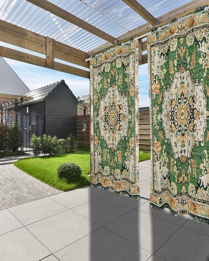 Ombre Green Boho Outdoor Curtains for Patio Waterproof, Grommet Privacy Curtain Drapes Weatherproof Outside Curtains for Porch GazeboPergola Cabana 2 Panel 54x95inch Vintage Ethnic Tribal Geometric