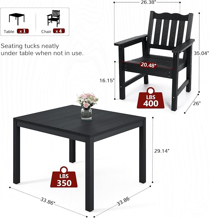 Stoog All-Weather Patio Dining Table for 4, Outdoor HIPS Dining Table with Aluminum Frame, Waterproof Patio Table, Never Rot or Fade, Black
