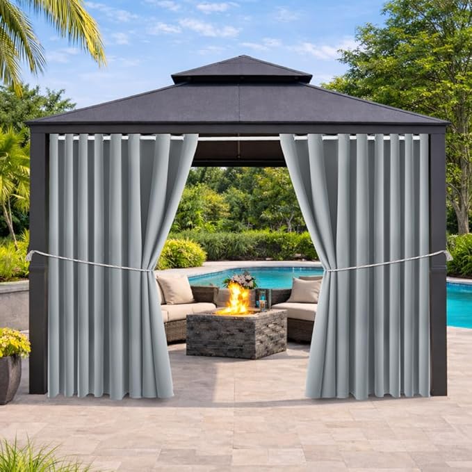 Water Resistant Outdoor Patio Curtain Darkening Thermal Insulated Indoor Curtains for Bedroom, Porch, Living Room, Pergola, Cabana, W105 x L120 Extra Wide Room Divider, (Light Gray) 2 Panels
