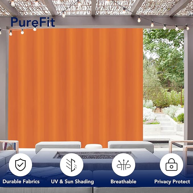 PureFit Outdoor Curtains for Patio Waterproof Weatherproof, UV Resistant Outside Curtains for Gazebo, Front Porch, Pergola, Sun Blocking Privacy Curtain, 100W x 95L inch, 1 Panel, Orange