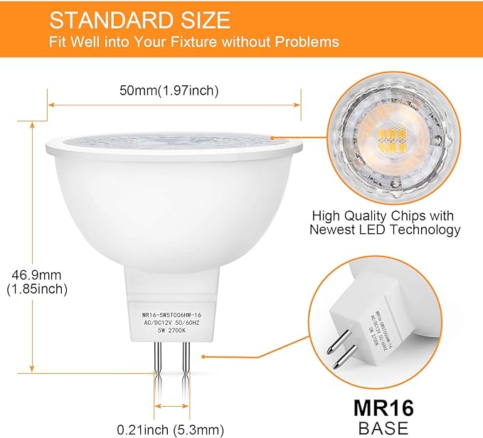Mlambert 4 Pack MR16 LED Bulbs 50W Halogen Equivalent 2700K,5W GU5.3 MR16 12V Spotlight Bulb,Non-Dimmable,45°Beam Angle for Landscape Track Light Recessed