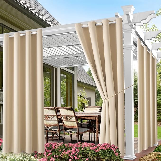 DIVA EN CAMINO DEC Outdoor Patio Curtain Waterproof Darkening Thermal Insulated Indoor Curtains for Bedroom, Porch, Living Room, Pergola, Cabana, W52 x L95, Beige, Set of 2 Panels