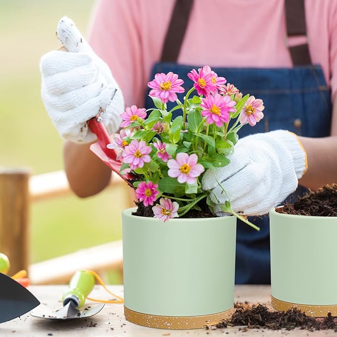 8/7/6 inch Plant Pots, 3 Pack Cylinder Flower Pots for Outdoor Indoor Plants, Decorative Plastic Planters with Drainage Holes and Saucers for Garden House Plants, Green with Brown