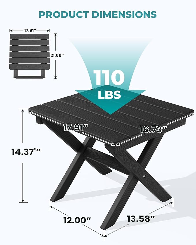 SERWALL Folding Outdoor Side Table Set of 6, Adirondack End Table, Black