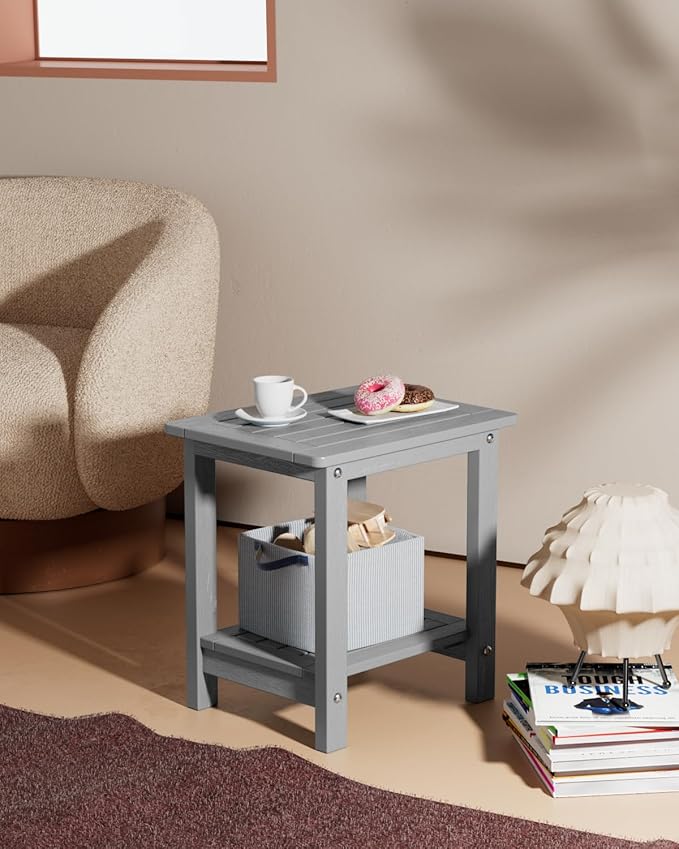 YEFU Outdoor Side Table for Patio: 16" HIPS Weather - Resistant Adirondack Tables - Waterproof Small Square End Tables for Backyard Pool Porch Balcony - Indoor Outdoor Double Layer Table Grey