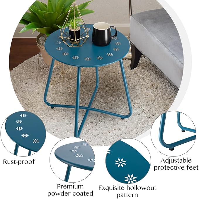 danpinera Outdoor Side Tables with Flower Cut Outs, Weather Resistant Steel Patio Side Table, Small Round Outdoor End Table Metal Side Table for Patio Yard Balcony Garden Navy Blue