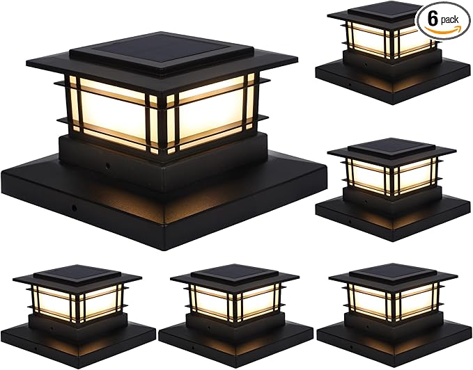 Dynaming 6 Pack Solar Post Cap Lights Outdoor, Fence Post Solar Lights Fit for 4x4 5x5 6x6 Vinyl/Wooden Posts, High Brightness Warm White SMD LED Lighting Decor for Garden Deck Patio