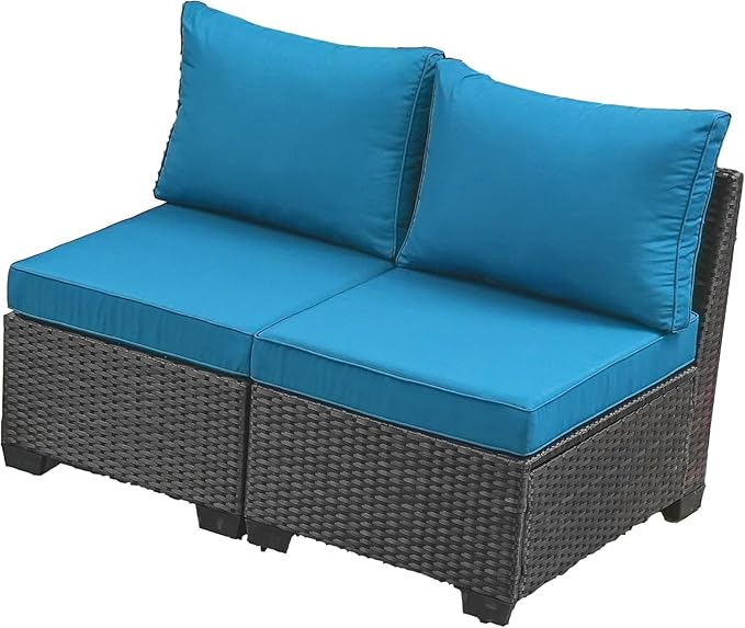 Jing's Villa 2 Piece Patio Wicker Armless Sofa, All-Weather Outdoor Sectional Sofa Set with Thick Seat Cushions and 2 Back Cushions for Garden Patio, Backyard, Poolside Peacock Blue