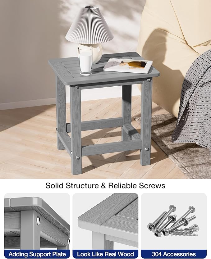 YEFU Outdoor Side Table for Patio: 16" HIPS Weather - Resistant Adirondack Tables Set of 2 - Small Square End Tables for Backyard Pool Porch Balcony - Indoor Outdoor Durable Table Grey