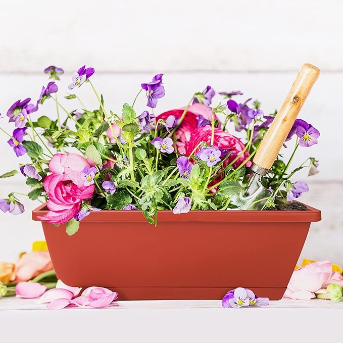 Window Box Planter, 12 Pack Plastic Vegetable Flower Planters Boxes 17 Inches Rectangular Flower Pots with Saucers for Indoor Outdoor Garden, Patio, Home Decor (Brick red)