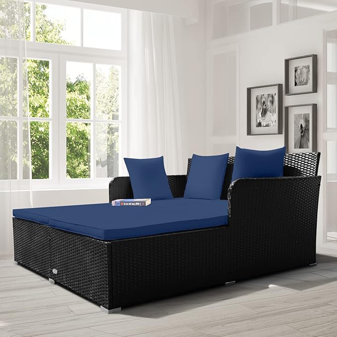 RELAX4LIFE Rattan Patio Outdoor Daybed, Wicker 2-Person Sunbed Loveseat with Soft Cushions, 4 Pillows, Curved Backrest & Armrest, Double Bed Lounger Sofa Set for Balcony Porch, Patio Bed (Navy)