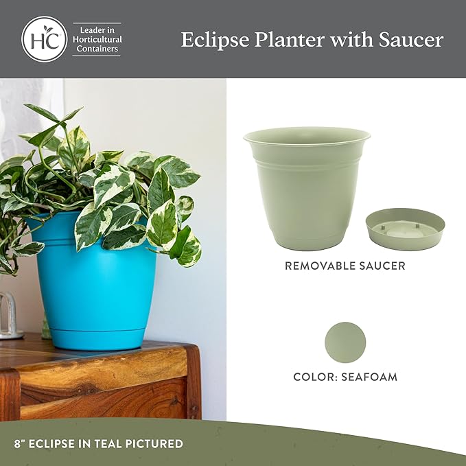 The HC Companies 12 Inch Eclipse Round Planter Pots with Drainage Holes & Attached Saucer, Lightweight UV-Resistant Plastic Indoor Outdoor Planters, 2-Pack Flower Pots for Garden & Home Decor, Seafoam