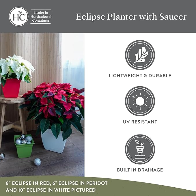 The HC Companies 8 Inch Eclipse Square Planter Pots with Drainage Holes & Attached Saucer, Lightweight UV-Resistant Plastic Indoor Outdoor Planters, 4-Pack Flower Pots for Garden Home Decor, Warm Gray