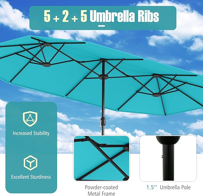 Tangkula 9 Piece Rattan Outdoor Dining Set with 13Ft Umbrella for 6, Outdoor Wicker Table Set with 6 Cushioned Armchairs, Acacia Wood Top, Outdoor Umbrella & with Base Included