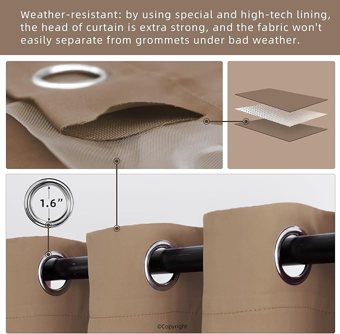 Waterproof Outdoor Curtain W52 x L63 - Grommet Top Sunlight Blocking Window Treatment Drapes Blackout Curtains for Home Bedroom Living Room Outdoor Patio Porch Pergola (Camel Brown, 2 Panels)