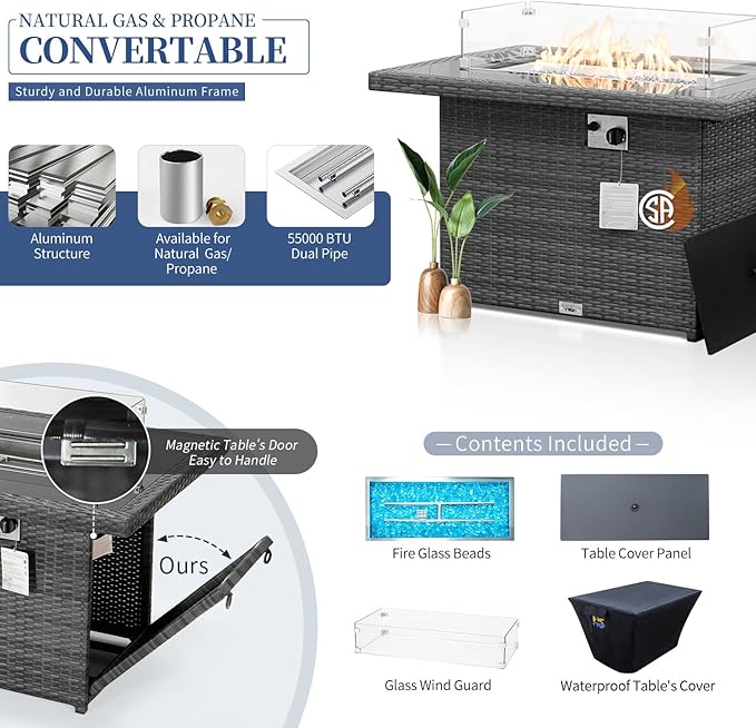 NICESOUL Large Size 9 Piece Patio Conversation Set with Fire Pit Table Propane/Gas, 29.3'' High Back Outdoor Furniture Sectional Set, Heavyweight Rattan Contemporary Sofa, 2 Color Cushion Black &Gray