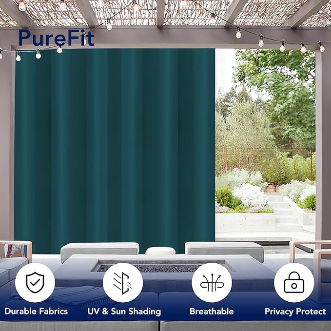 PureFit Outdoor Curtains for Patio Waterproof Weatherproof, UV Resistant Outside Curtains for Gazebo, Front Porch, Pergola, Sun Blocking Privacy Curtain, 100W x 95L inch, 1 Panel, Teal